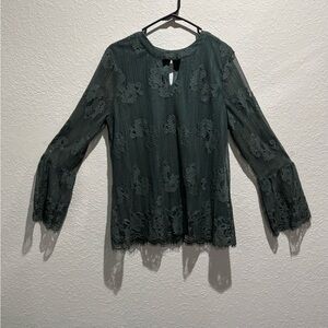 Ultra Pink Dark Green Lace Blouse with Bell‎ Sleeves